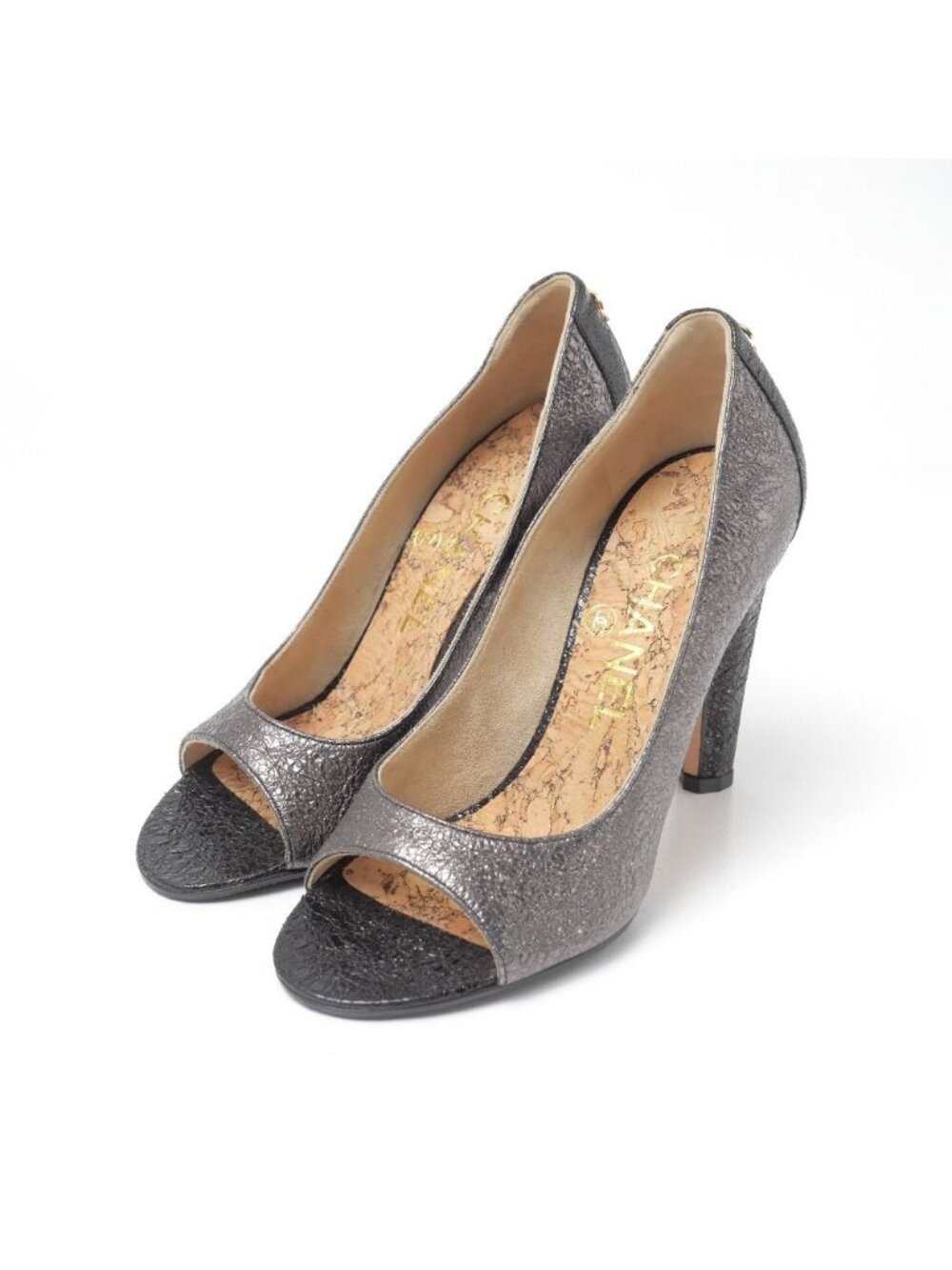 Chanel Pumps 34c Open Toe Shoes CC Logo Metallic